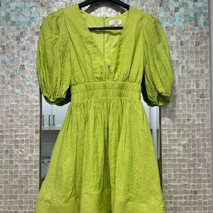 V-Neck Puff Sleeve Lime Green Mini Dress